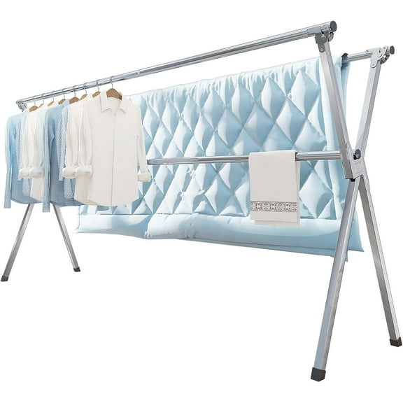 Clothes Drying Rack 79 Inches Folding Indoor Outdoor, Drying Rack Clothing Collapsible, Foldable Laundry Drying Rack, Heavy Duty Stainless Steel Clothesline, Garmet Rack, 20 Hooks 12 Clips