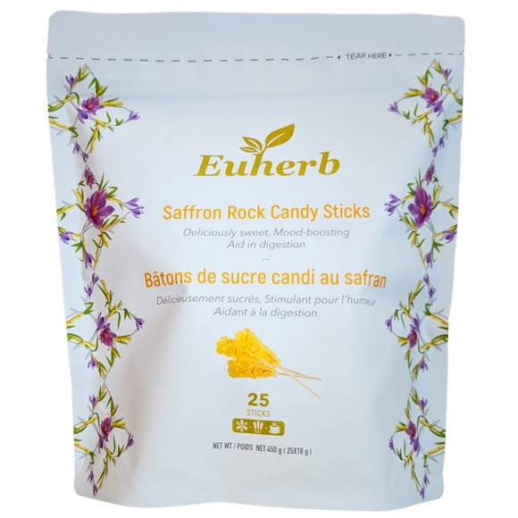 Euherb Saffron Rock Candy Sticks, Handcrafted, Sweet, Sticks, Saffron Infused, 25 Pack