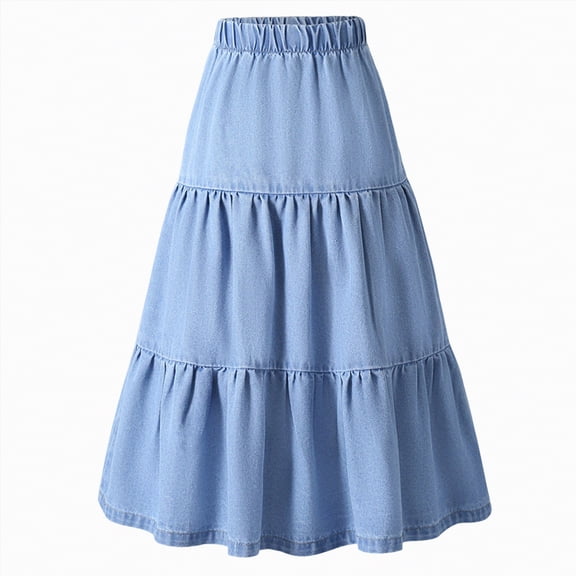 mgoYE Girls Dress Easter Dress Girl's Denim Midi Skirt Ruffle Hem Elastic Waisted A Line Skirts(Blue,7-8 Years)