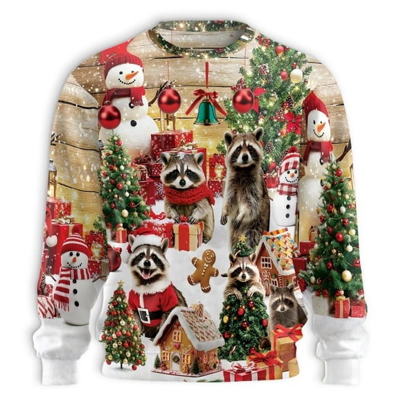 Christmas Raccoon Sweatshirt, Festive Holiday Crewneck, Cute Raccoons with Snowmen, Gifts & Trees, Cozy Xmas Pullover for Men Women Animal Lovers