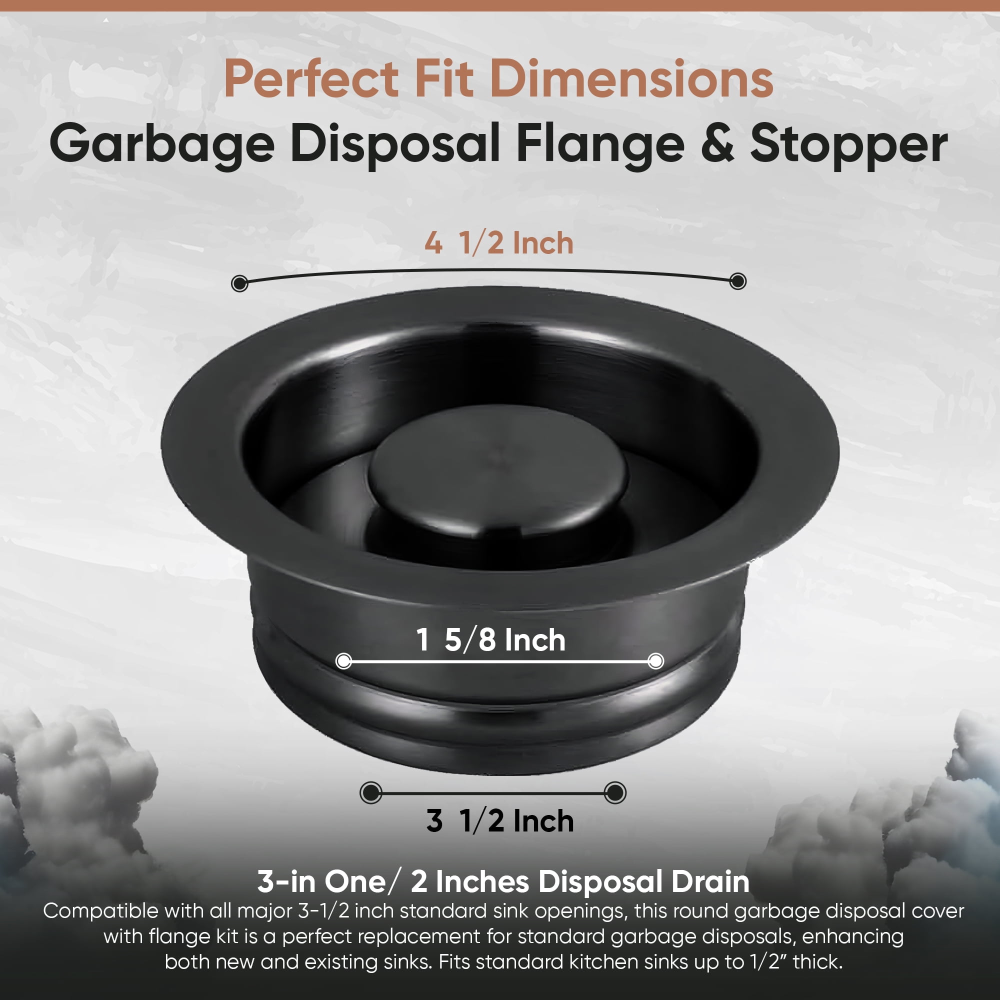 Strictly Sinks Garbage Disposal Flange & Stopper - Stainless Steel Garbage Disposal Drain for 3-1/2 Inch Standard Sink Drain Hole - Anti-Clog Kitchen Sink Drain with Garbage Disposal Stopper Black