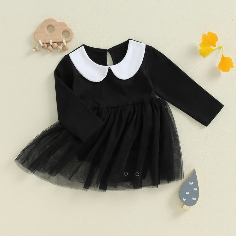 Infant Baby Girl Dress 0-18 Months Cute Collar Long Sleeve Mesh Ruffle Dresses Keyhole Back Fashion Casual Fall Dress, Black, 0 Months