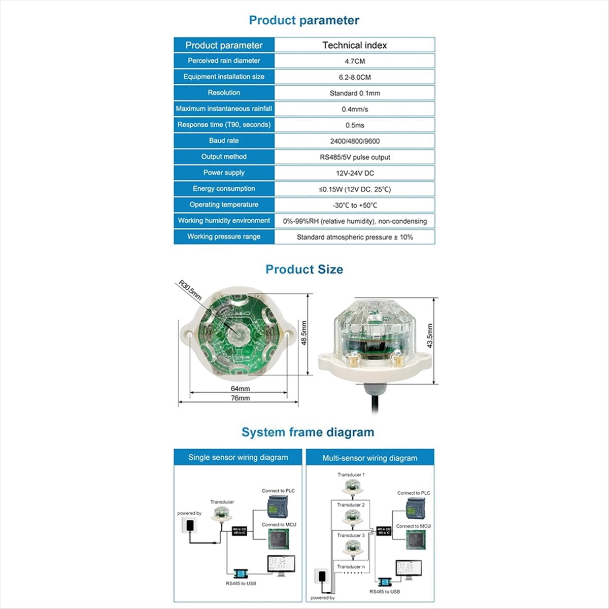 RS485 Infrared Optical Rain Sensor High for Weather Station Rain Transmitter Rainstorm Monitoring Smart Home