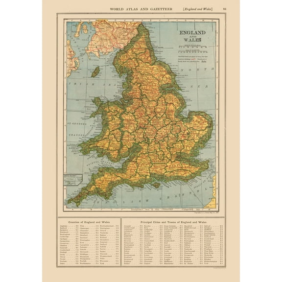 Historic Map - England Wales - Reynold 1921 - Vintage Wall Art