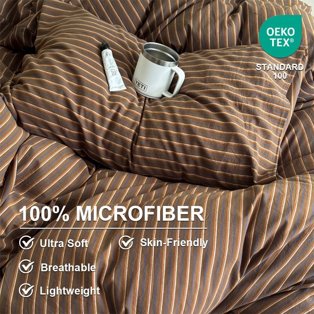 JOLUSERE Brown Striped Duvet Cover Queen Set,3-Piece Stripes Pattern Breathable Microfibre Comforter Cover