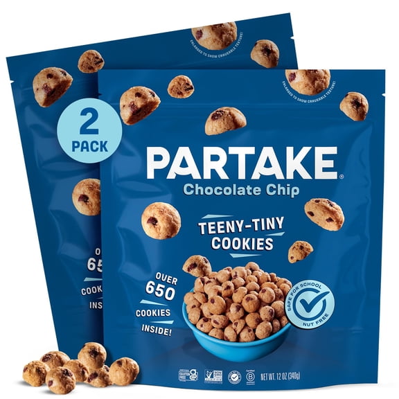 Gluten Free Partake Teeny Tiny Crunchy Chocolate Chip Cookies - Vegan - Free From the Top 9 Allergens - Non GMO - Safe School & Office Snack (2 Pack, 12oz Bags)