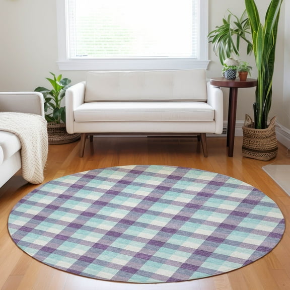 Addison Rugs Chantille Indoor/Outdoor Transitional Plaid Purple Washable Round Rug, 8' x 8'