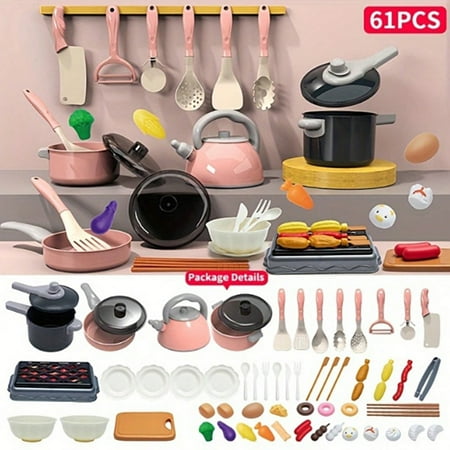61Pcs Kids Kitchen Toys Accessories Set Mini Toddler Play Pretend BBQ Cooking Playset with Play Pots and Pans Toy Vegetables Utensils Cookware Toys Cut Play Food Set for Girls Boys