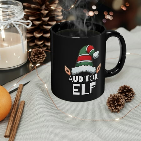 

Auditor Elf Christmas 11oz Black Ceramic Mug Holidays Xmas Elves
