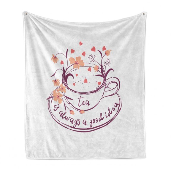 Tea Party Soft Flannel Fleece Blanket, Tea Lover Saying Typography Herbs and Flowers Aromatic Spices Print, Cozy Plush for Indoor and Outdoor Use, 60" x 80", Peach Coral and Purple, by Ambesonne