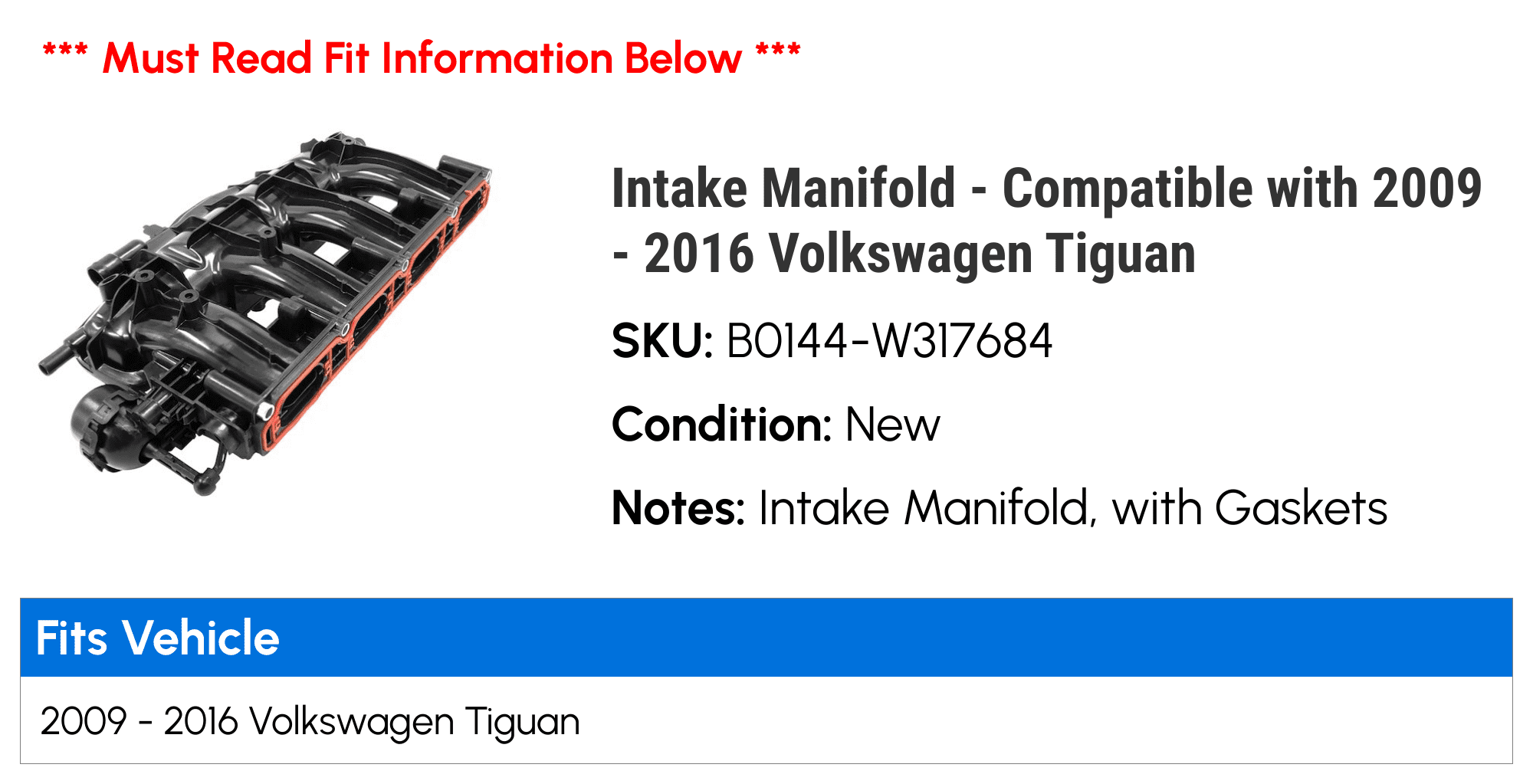 Intake Manifold Compatible with 2009 2016 Volkswagen Tiguan 2010 2011  2012 2013 2014 2015