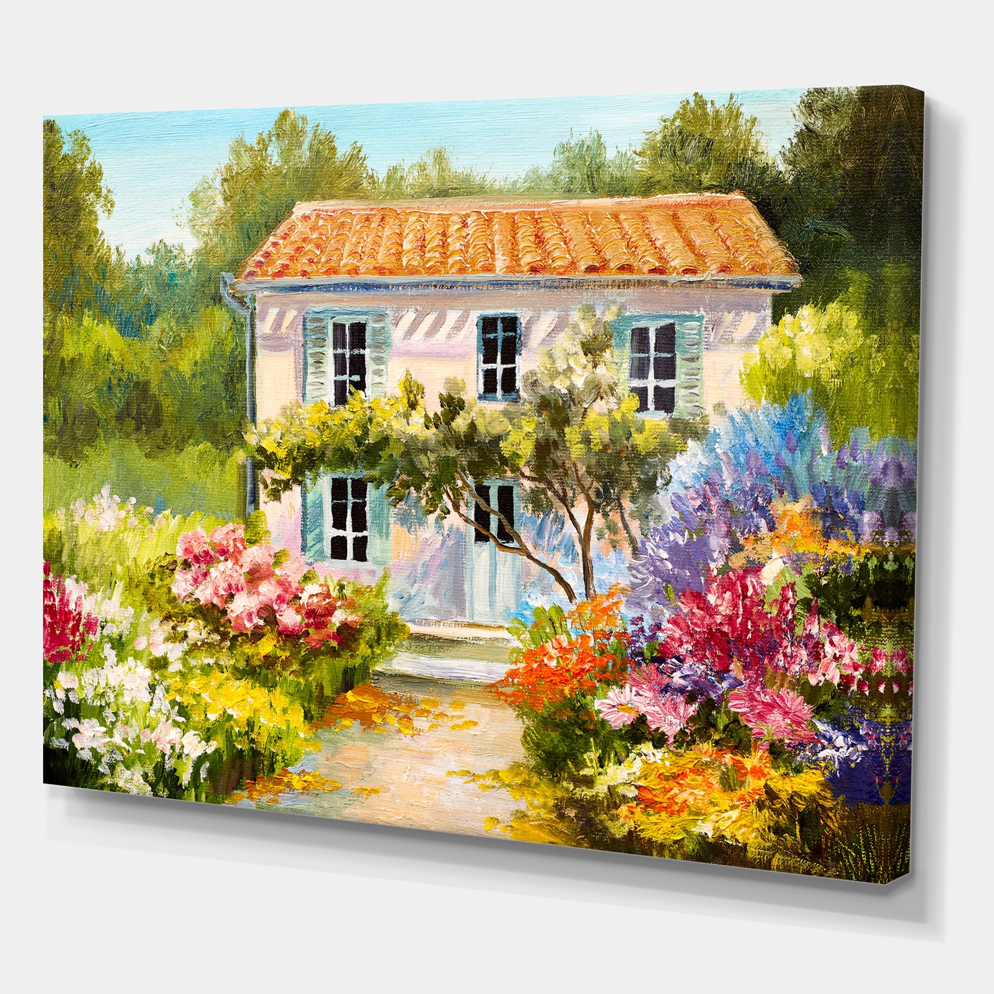 Designart ' The Mountain With Flowers With Little House II ' Traditional Canvas Wall Art Print