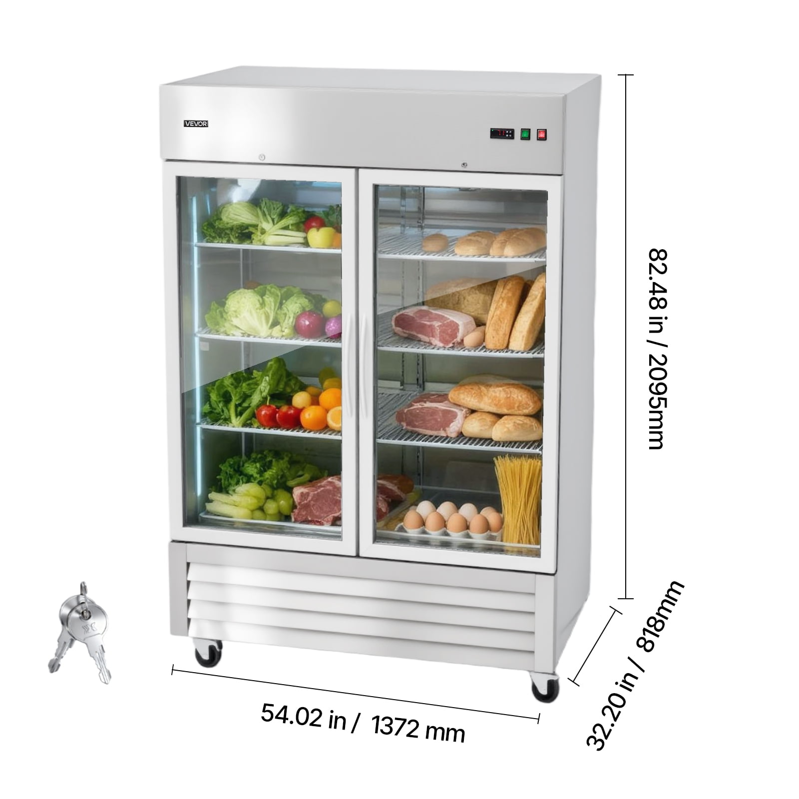 VEVOR Commercial Reach-In Refrigerator 54" W, 44 Cu.Ft Stainless Steel Upright Refrigerator with Double Glass Doors, Auto-Defrost, 8 Adjustable Shelves, 32 to 50℉ Temp Control, ETL Certified