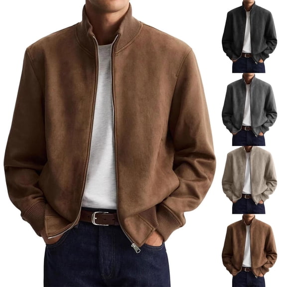 zejinsd Mens Warm Jackets Autumn Winter Thick Fleece Jackets Stylish Stand Collar Zipper Outerwear Leisure Solid Color Loose Plus Size Coat