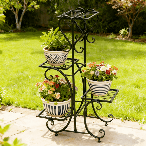 Wisfor 4 Layers Plant Stand Black Metal Flower Holder Indoor Outdoor Planter Shelf,35" Height