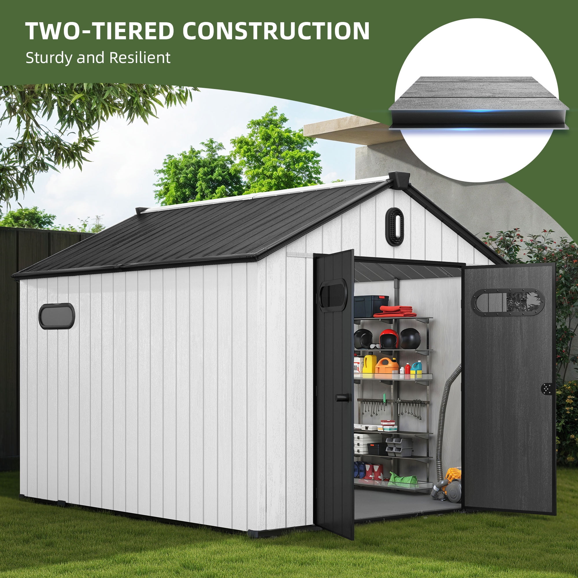 Uforic 8x10ft Outdoor Resin Storage Shed with Floor, 544 cuft Garden Shed with Lockable Door, Windows & Vents, Plastic Tool Storage, Waterproof