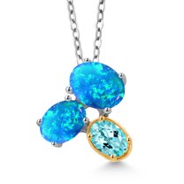 Gem Stone King 925 Silver and 10K Yellow Gold Blue Opal and Blue Apatite Pendant Necklace for Women (2.21 Cttw, Oval Cabochon 8X6MM, 7X5MM and 6X4MM, Gemstone October Birthstone, with 18 inch Chain)