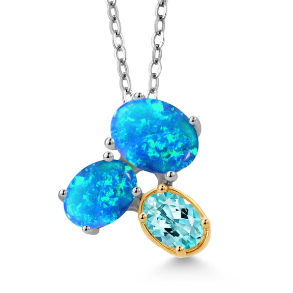 Gem Stone King 925 Silver and 10K Yellow Gold Blue Opal and Blue Apatite Pendant Necklace for Women (2.21 Cttw, Oval Cabochon 8X6MM, 7X5MM and 6X4MM, Gemstone October Birthstone, with 18 inch Chain)