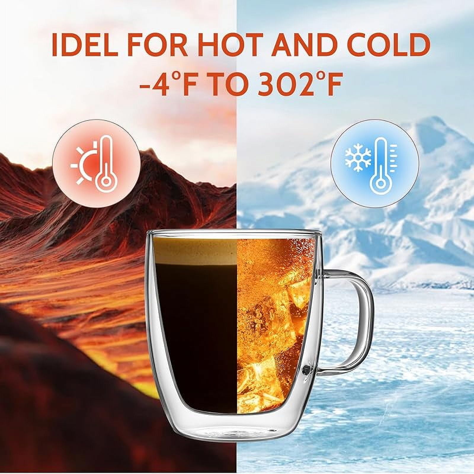 12.5 oz Double Wall Glass Coffee Mugs Set of 2 - Insulated for Espresso, Latte, Tea Beverages