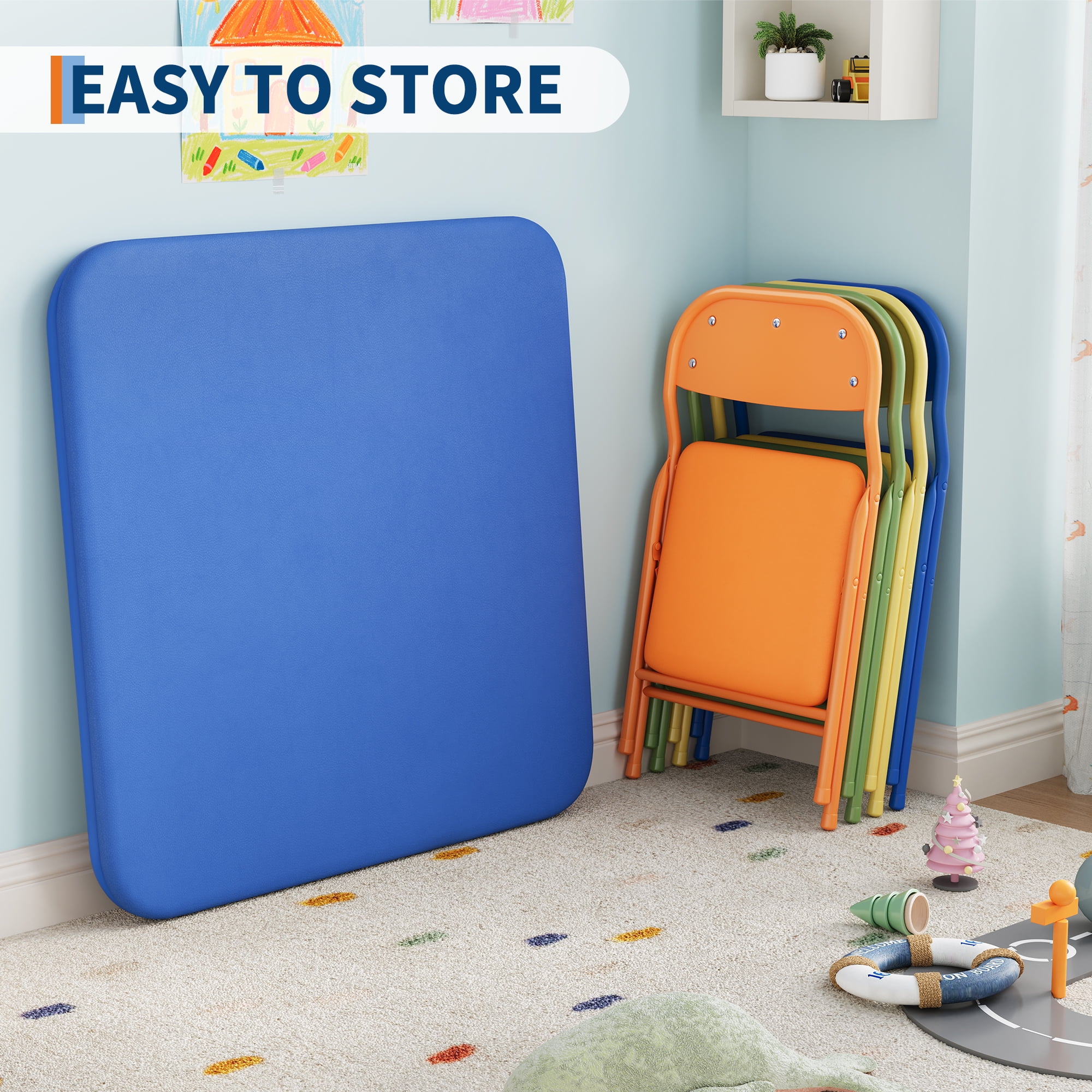 Kids 3-Piece Classroom Folding Table and Chairs Set, Folding Activity Table and Chairs Set for Dining Room,Daycare,Classrooms, Blue