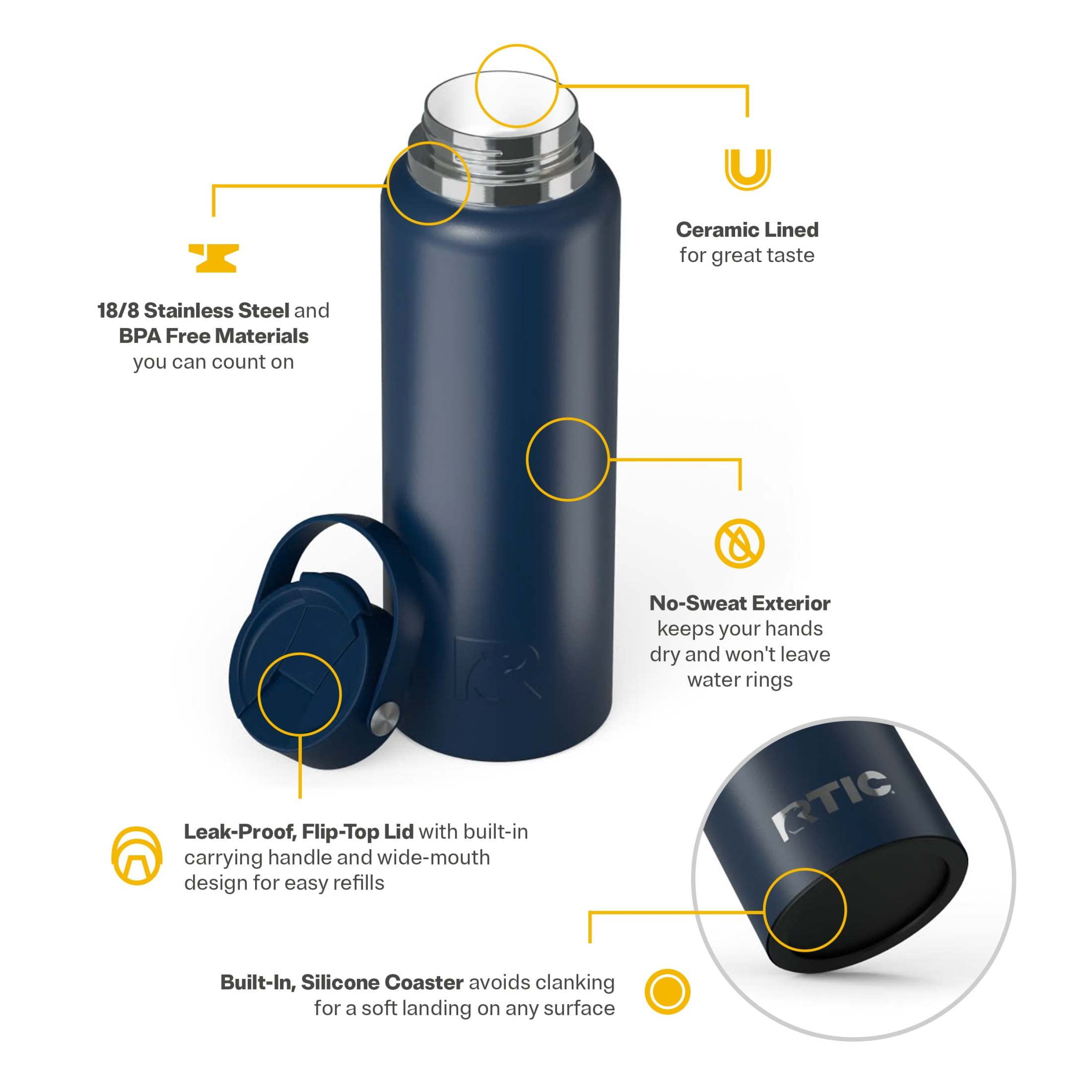 RTIC 40 oz Ceramic Lined Insulated Outback Water Bottle, Leak Resistant, Navy