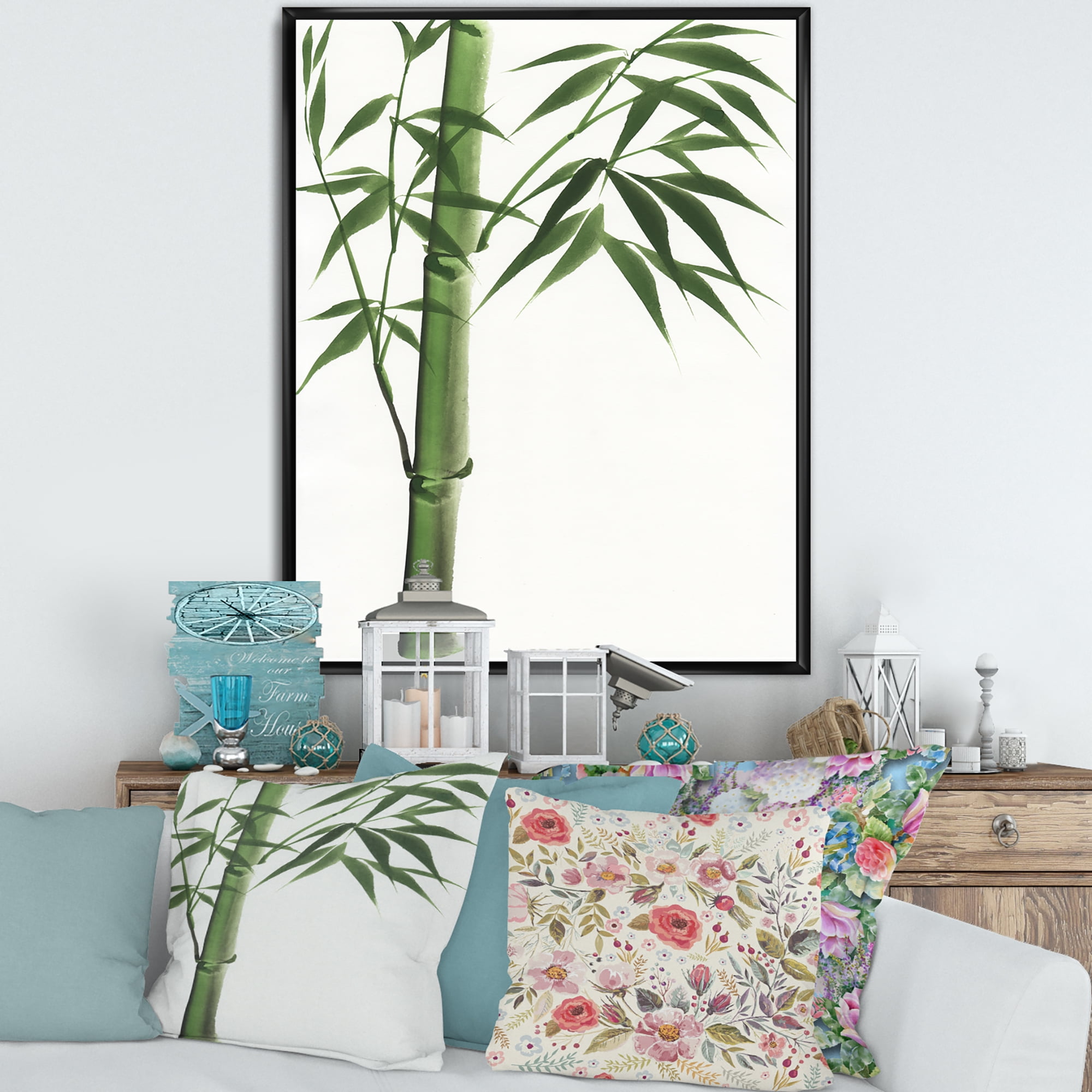 Designart 'Detail Of Dark Green Bamboo On White III' Traditional Framed Canvas Wall Art Print