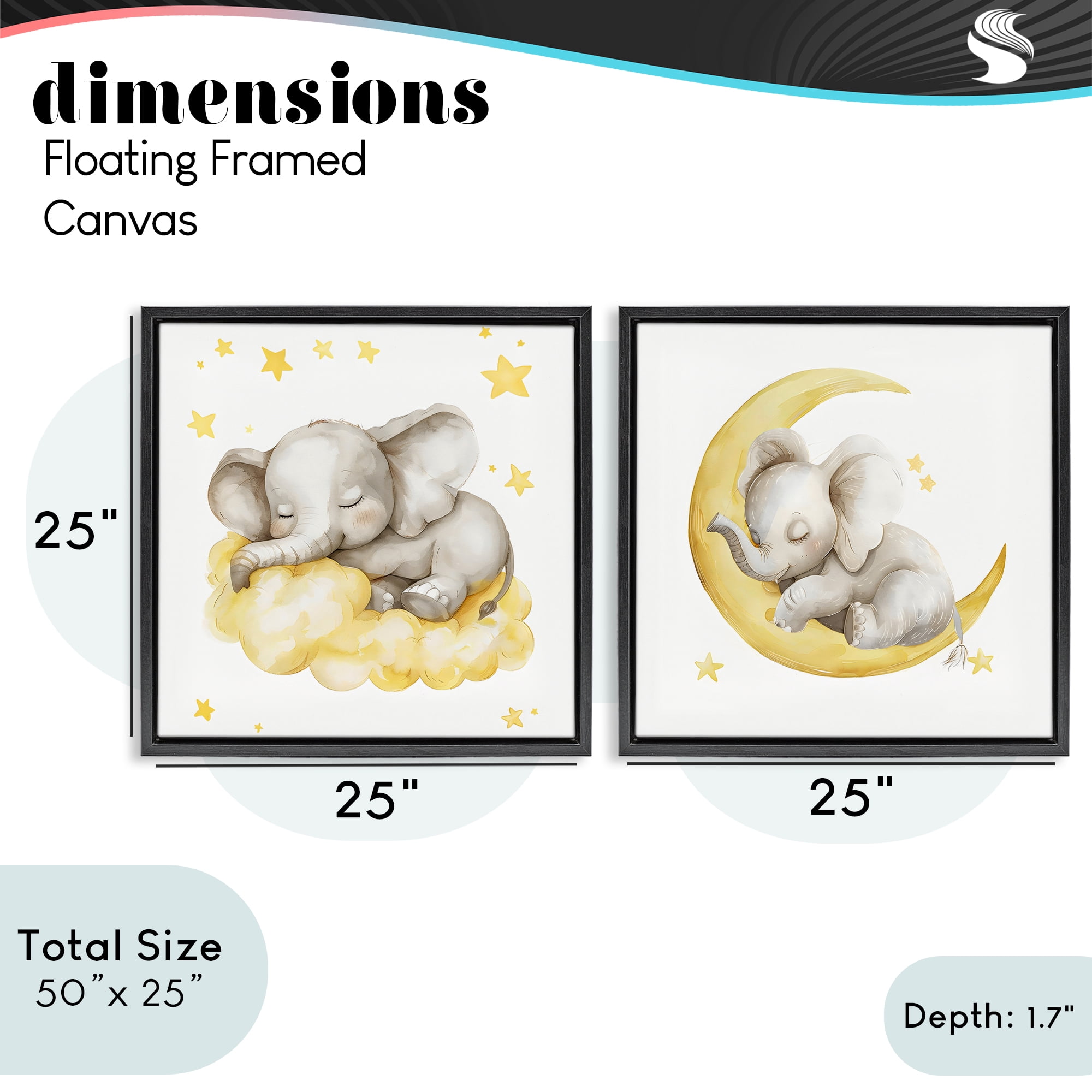Stupell Industries Sleeping Elephant Moon and Clouds 2 Piece Black Framed Floater Canvas Set, design by LSR Design Studio