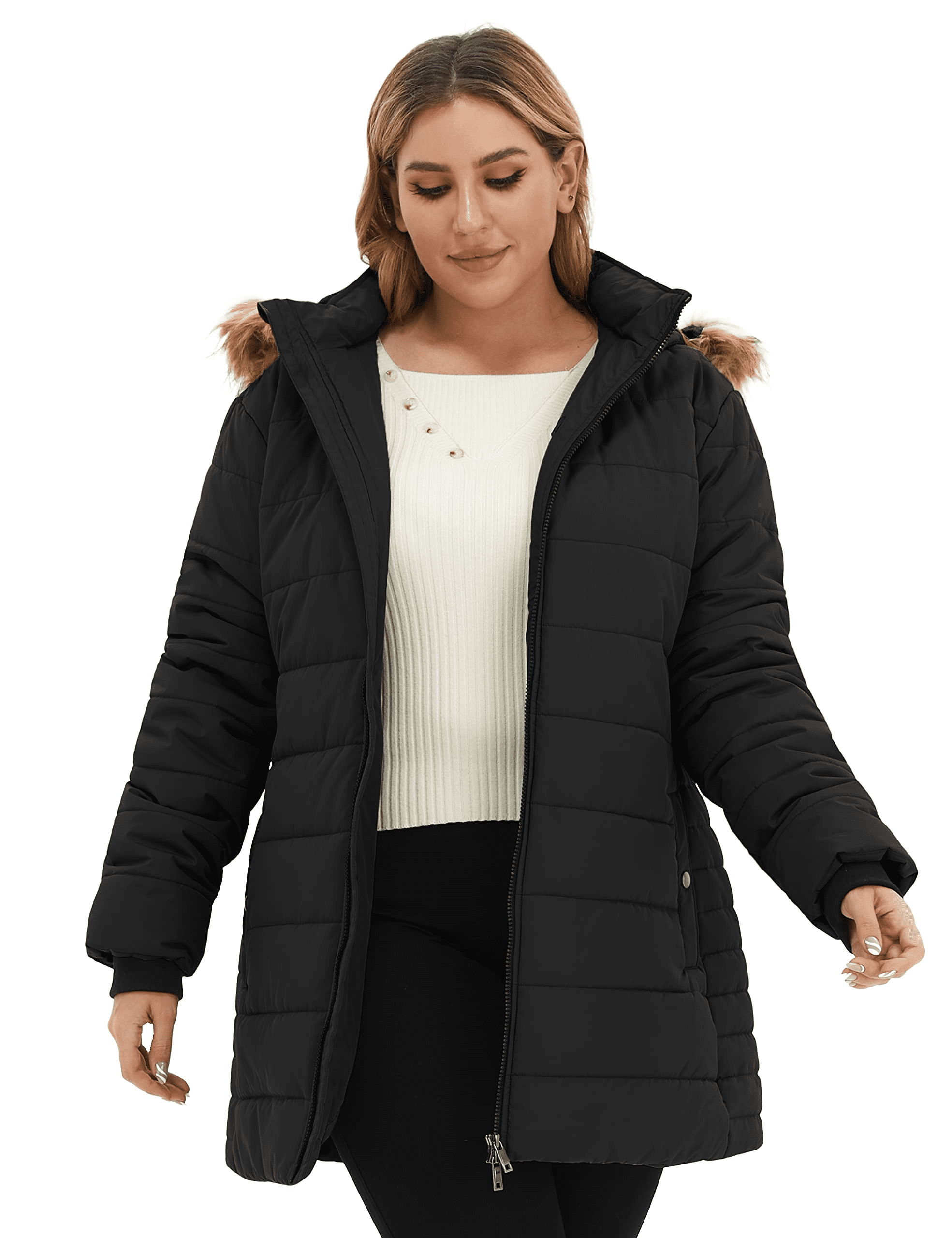 Plus size puffer clearance jacket with fur hood