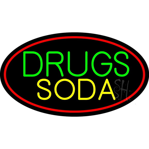 Drugs Soda LED Neon Sign 13 x 24 - inches, Black Square Cut Acrylic Backing, with Dimmer - Bright and Premium built indoor LED Neon Sign for Defence Force.
