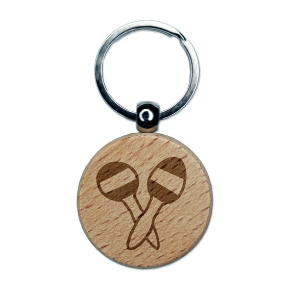 Maracas Music Instrument Round Keychain Charm Tag - Engraved Wood