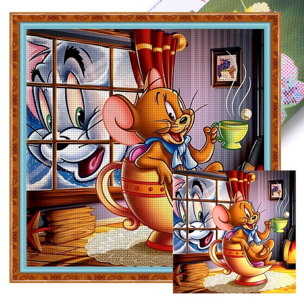 Hilo Algodón Ecológico Bordado Punto Cruz Con Gato Y Ratón 14CT 50x50cm