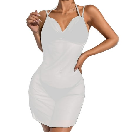 

NRUDPQV Women s Sleeveless Long Mini Casual Tops Dress See Through Sleeve Crop Sheer Mesh Underwear Lingerie