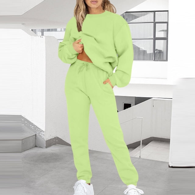 FNFYFH Clearance Athletic 2 Piece Outfits for Women Fleece Sweatshirts Sweatsuits Comfort Fit Long Sleeve Pullover with Drawstring Sweatpants 2 Pcs Matching Set Mint Green,M