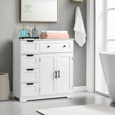 Zimtown Bathroom Floor Storage Cabinet, Freestanding Kitchen Side Organizer W/ 5 Drawers & 1 Cupboard & Adjustable Shelf, White