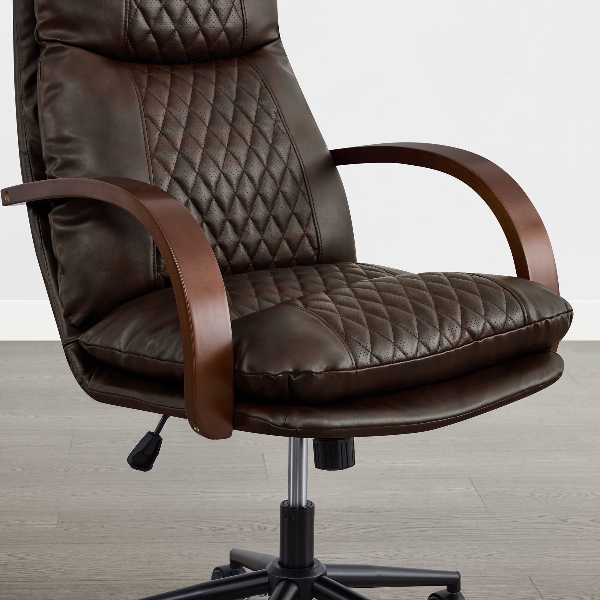 Spruce & Spring Modern Ergonomic Swivel Office Chair with Bentwood Arms, Upholstered High Back Desk Chair with Tilt Function and Durable Metal Base, Espresso