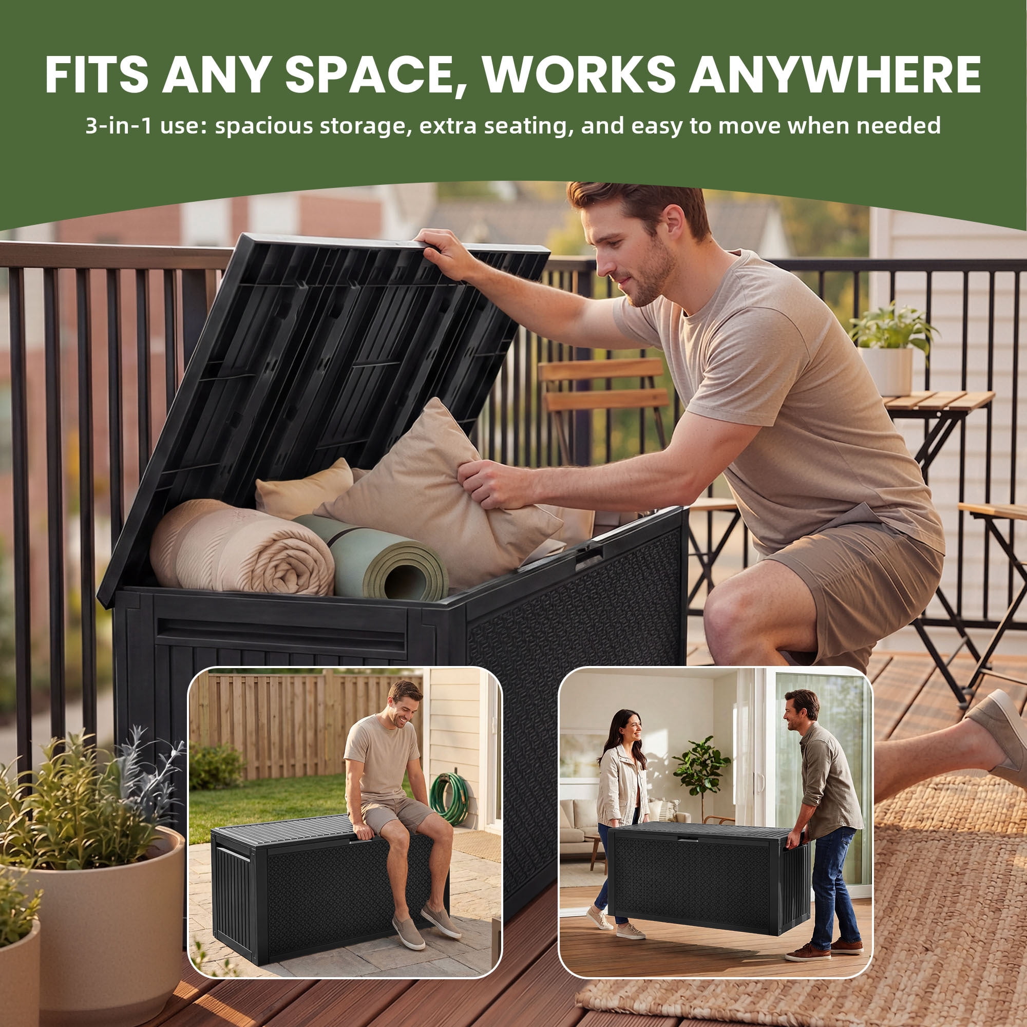 Uforic 90 Gallon Resin Deck Box, Waterproof UV Protected Lockable Outdoor Storage with Handles for Patio Cushions & Garden Tools, Black