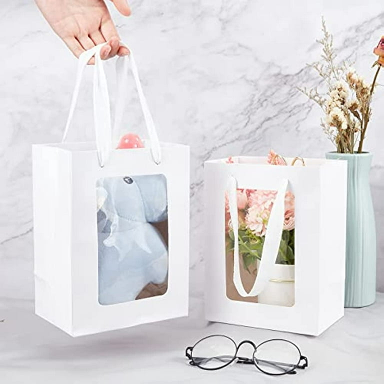 Rustic White Gift Bags | 8” x 4.75” x 10” Sized Off White Bags | Off White  Kraft Shadow Stripe Shopping Bags | Boho Favor Bags
