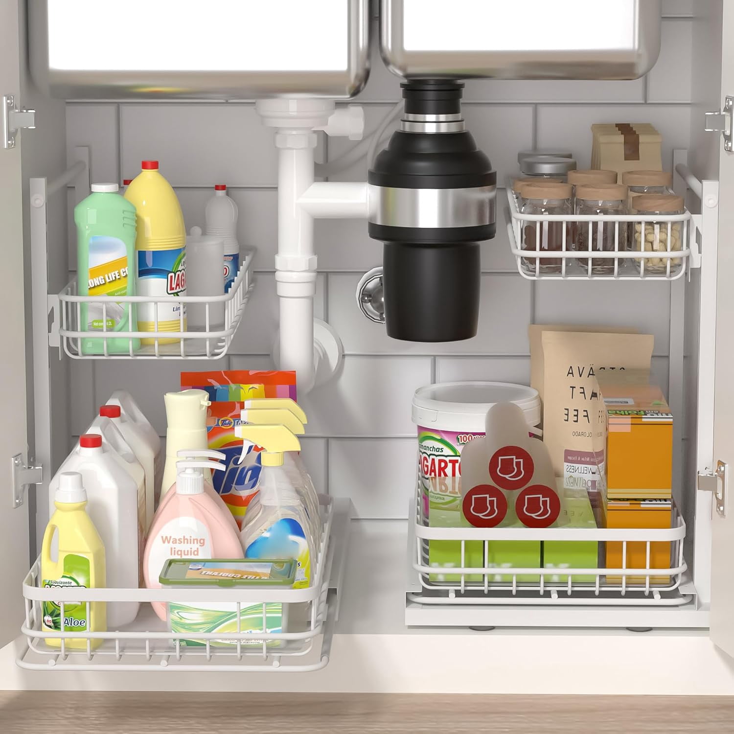 Under Sink Organizer, Adjustable Height Pull-Out Kitchen Storage Organization,15.8" x 11.8" x 16.5", 2-Tier Kitchen Shelf, Bathroom Drawer Organizer, 2 Pack|White