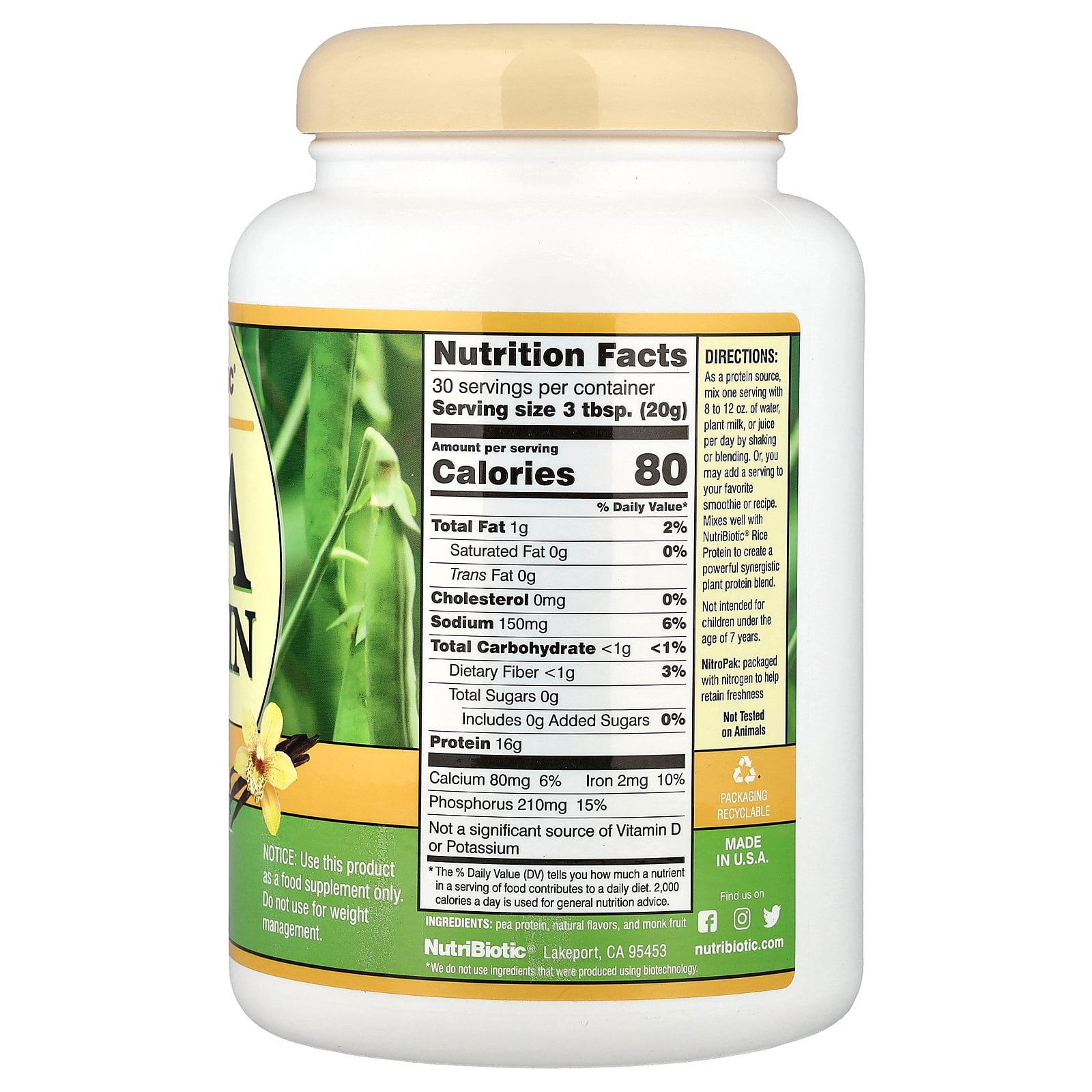 NutriBiotic Pea Protein Powder, Vanilla , 21.16 oz (600 g)