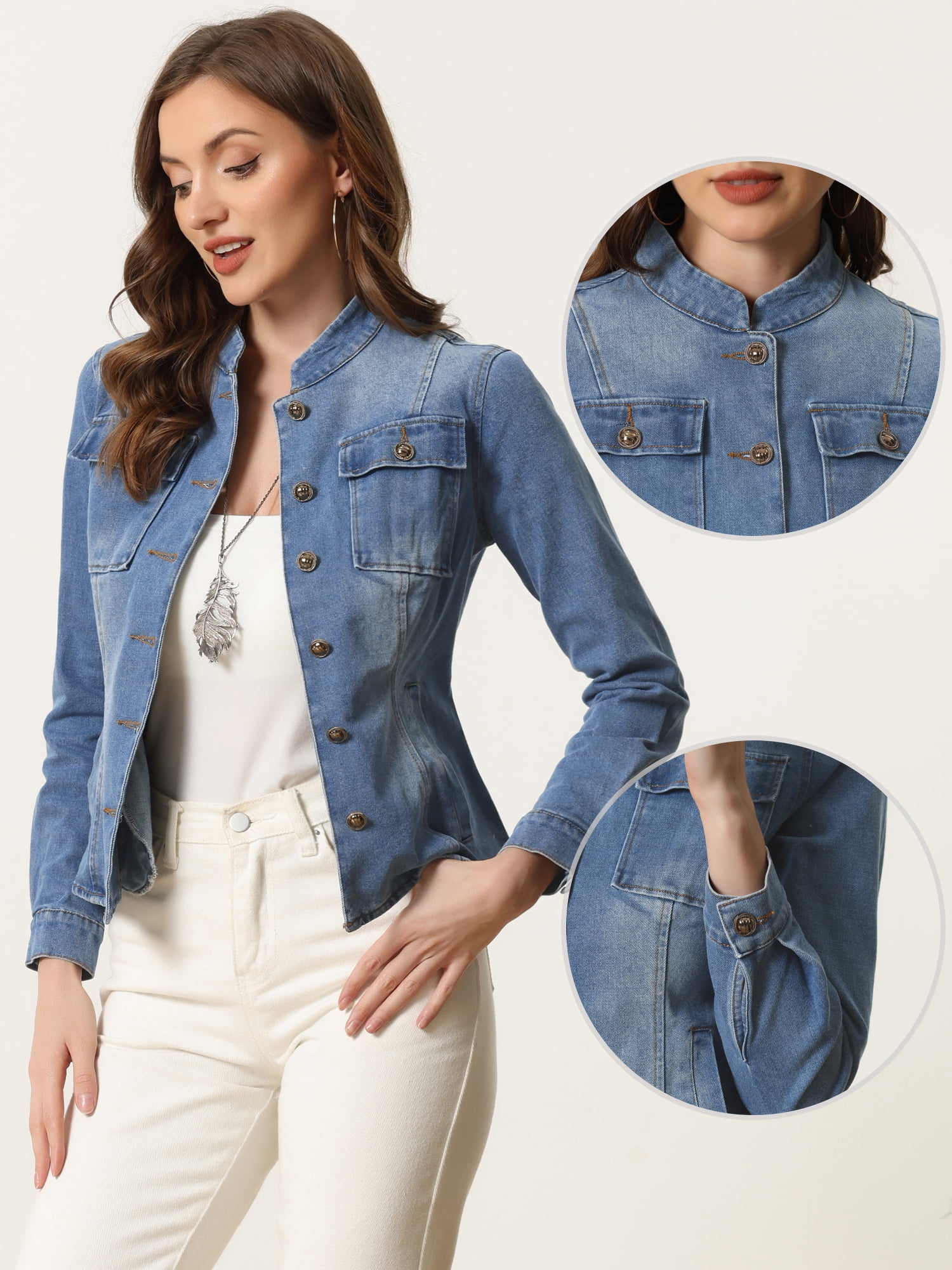 DARING DIVA Women's Classic Stand Collar Denim Jacket S Blue