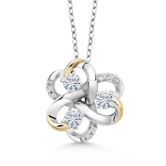 Gem Stone King 925 Silver and 10K Yellow Gold Round White Moissanite and White Lab Grown Diamond 3-Stone Pendant Necklace for Women (0.74 Cttw, Gemstone Birthstone, with 18 inch Chain)