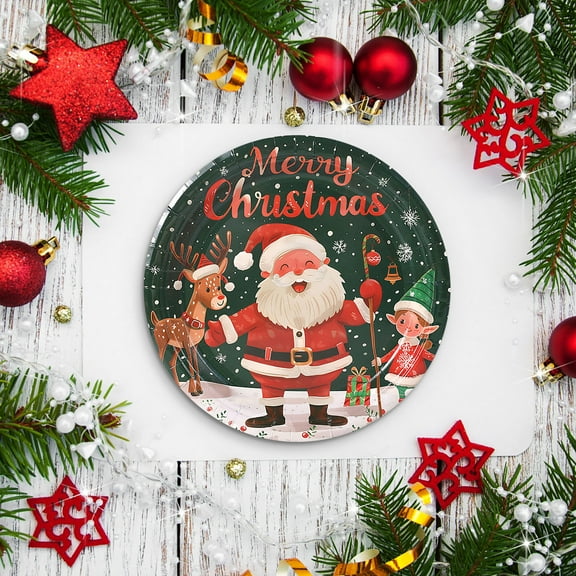 Christmas Santa Paper Plates, Red Green Disposable Dinner Plates 7 inch Dessert Plates, Santa Claus Elk Reindeer Pattern Party Tableware Set, New Year Dinnerware Supplies, BBQ Picnic Favor