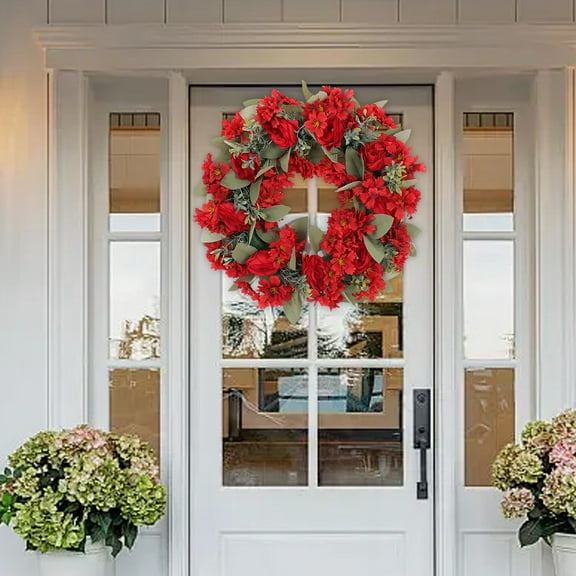 1 Artificial Wreath Clearance! Red Rose Red Chrysanthemum Wreath for Spring or Summer Front Door Decor in 15.7 Inch Diameter Round Shape