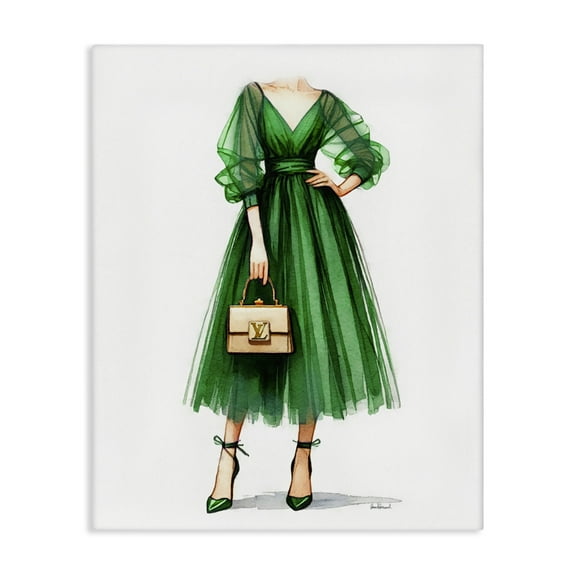 Stupell Industries Green Gown Fashion Girl Fashion Painting Wrapped Canvas Art Print Wall Art, 16 x 20