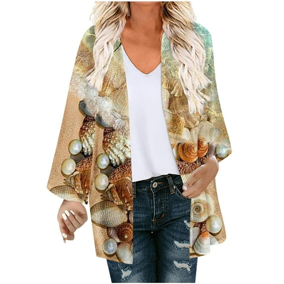 Lovskoo Beach Cover Up Women Loose Chiffon Floral Print Puff Sleeve Kimono Cardigan Casual Blouse Tops Brown