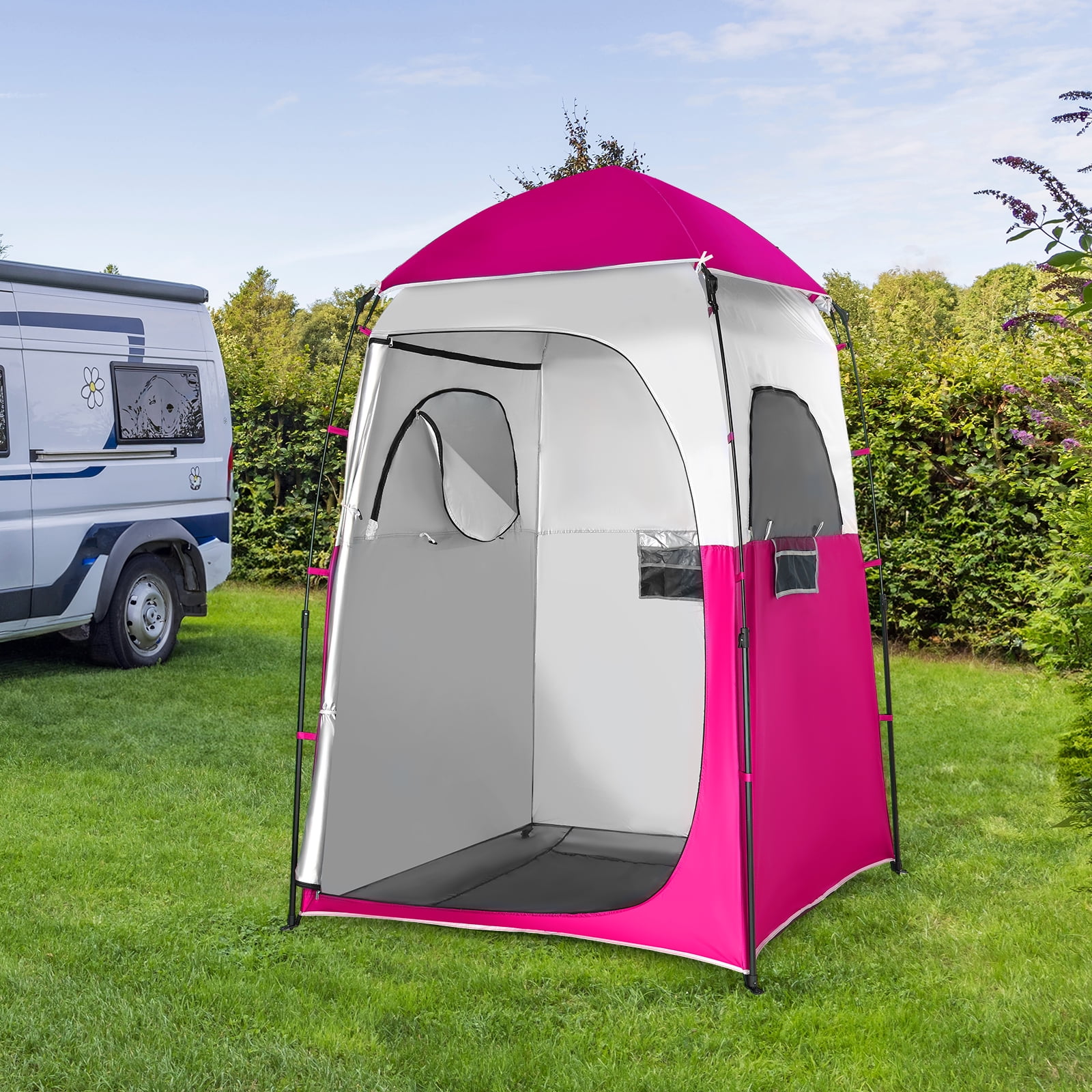 Ktaxon Camping Shower Tent, Waterproof Pop Up Single Changing Tent, Portable Dressing Room, Outdoor Privacy Tent for Beach, HIking, Photography Studio, Light Pink & White