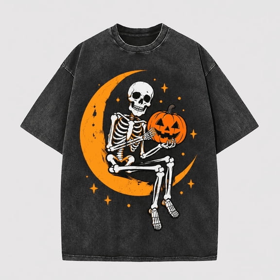 Greenink Men's Crescent Moon Skeleton Pumpkin Graphic Tee, 100% Cotton 230 GSM Vintage Washed Heavyweight Oversized Halloween T-Shirt