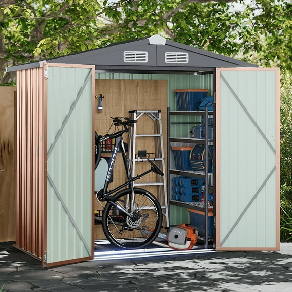 Aoxun 6'x4' Outdoor Metal Storage Shed with Lockable Door- Ideal for Tools, Garden Equipment & Bikes, Perfect for Patio Placement(Base Included/Brown)