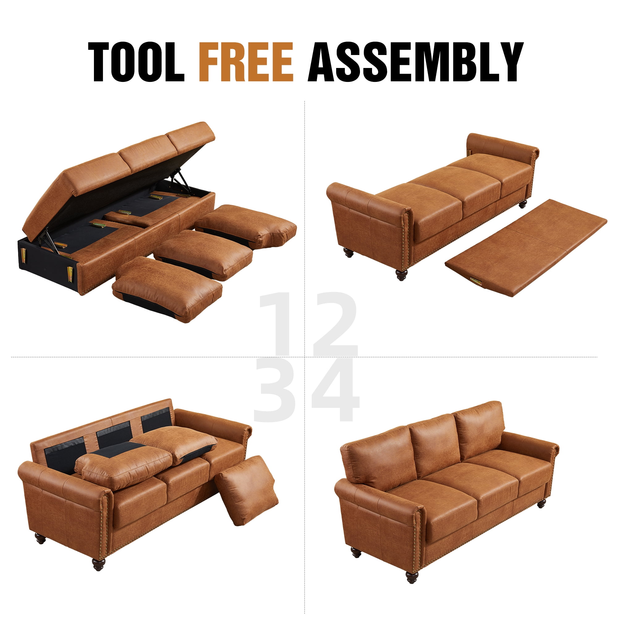 LeChapitre Traditional Fabric Hidden Storage Space Standard Sofa with Cushions, Coffee