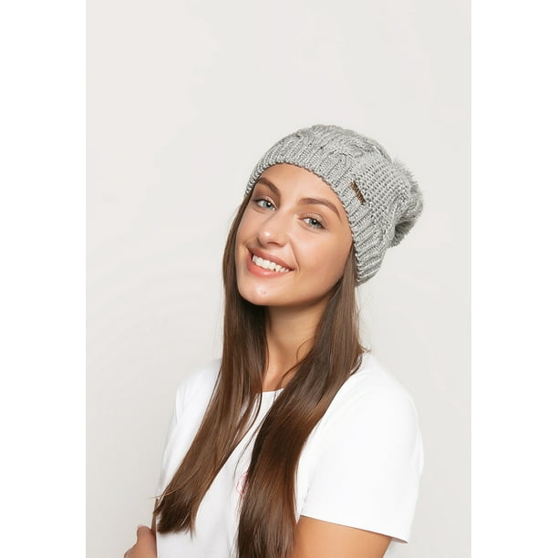 Beanie Hat For Women With Pom Pom Loose Fit Oversized Fashion Pompom Hats Gray Walmart Com Walmart Com